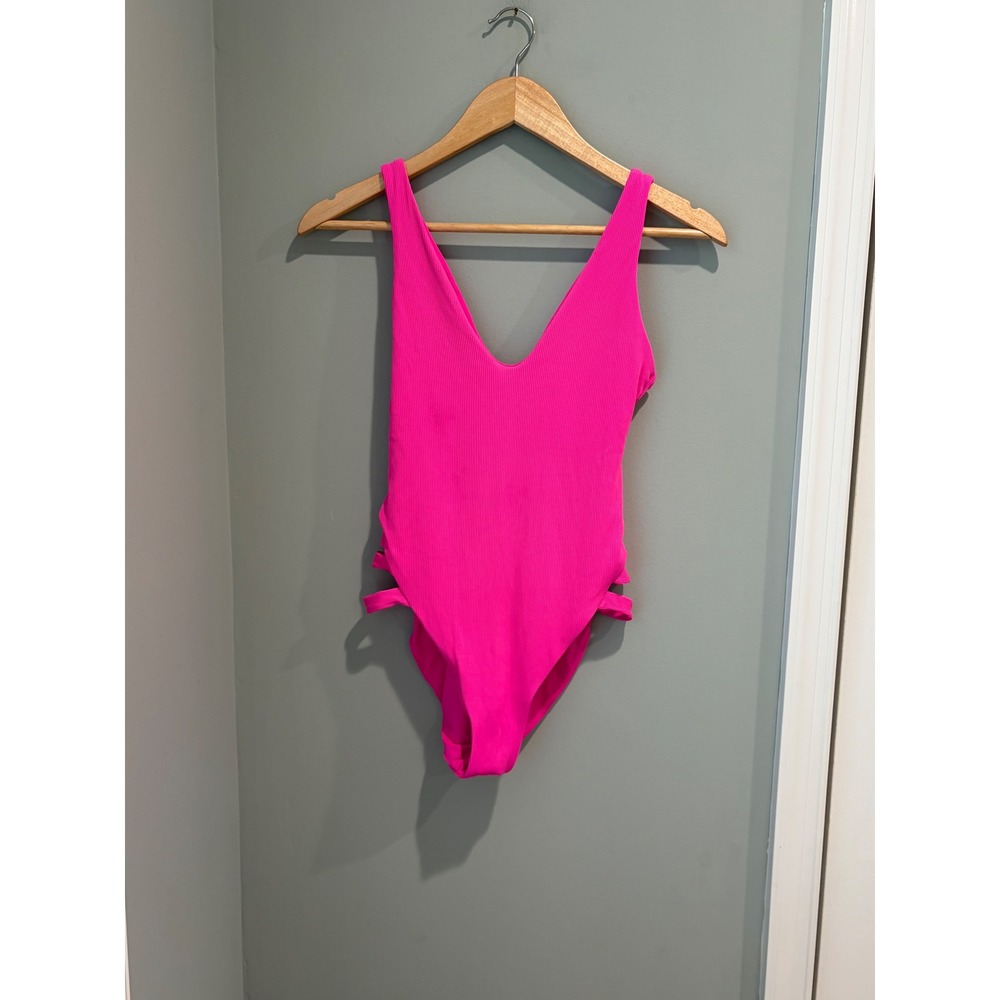 BECCA Women Hot Pink Ribbed Strappy Ladder One Piece Swimsuit Size Medium